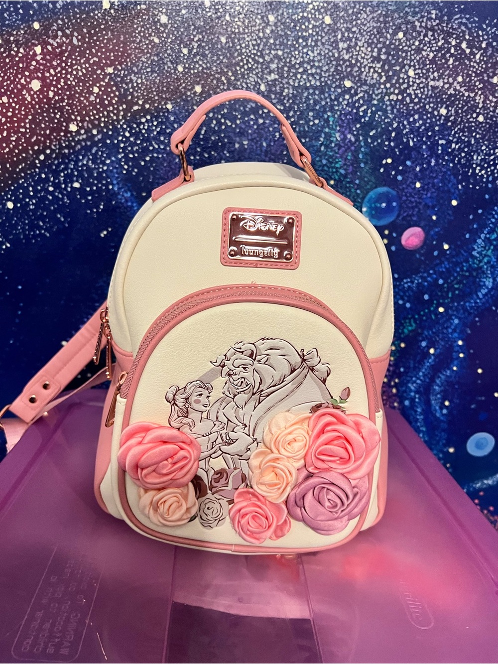 Loungefly Pink & Cream Beauty and the Beast Floral Mini Backpack